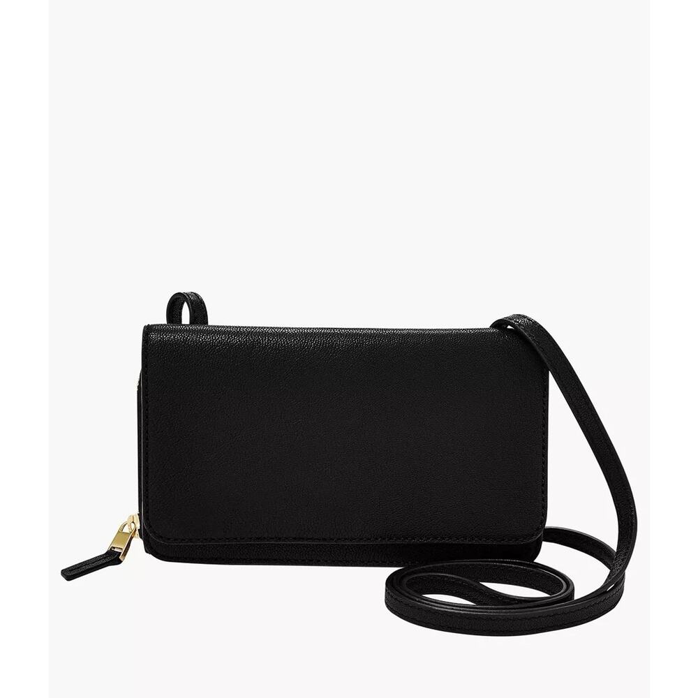 Fossil Brynn Mini Bag Black Pebbled Leather Zip Around Academia Crossbody Purse